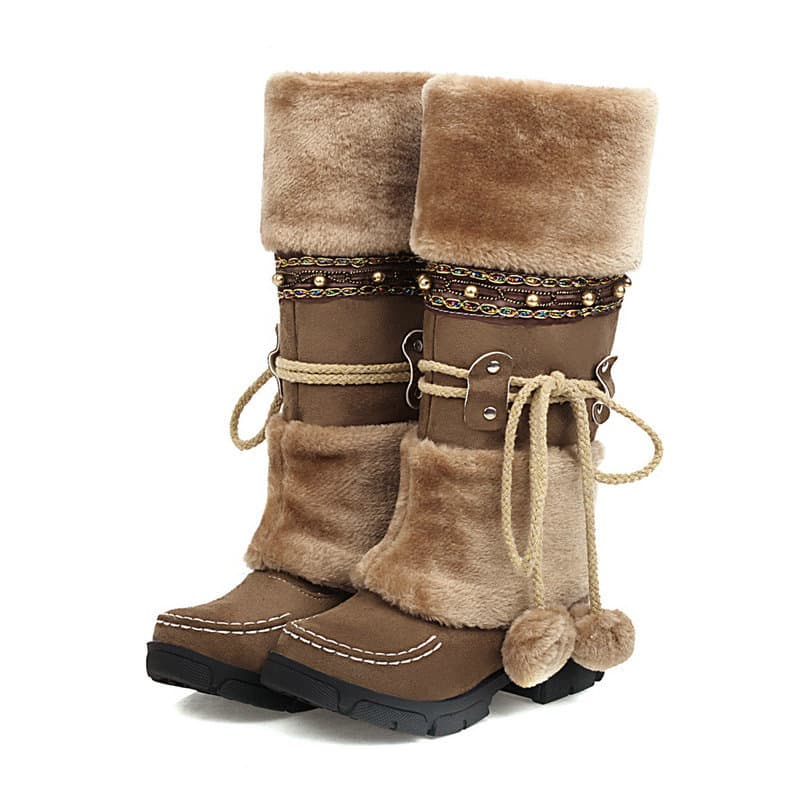 Autumn/Winter Mid-High Cotton Boots Fur Ball for Big Girls Students Warm Stylish Traditional Knight Boots
