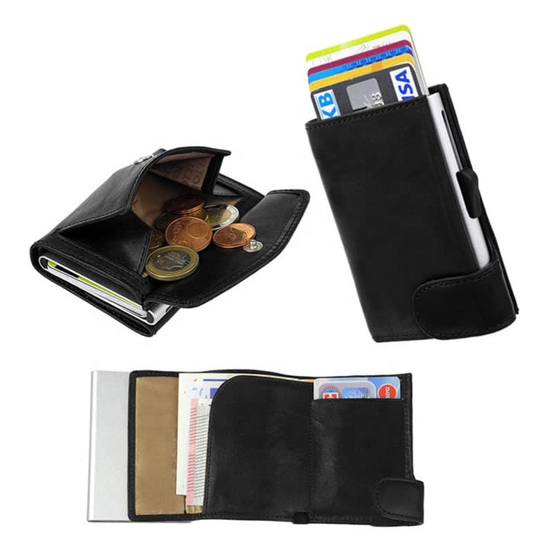 2024 Best-Selling Multifunctional Metal Aluminum Alloy Genuine Leather Card Holder Side Push Automatic Card Holder Wholesale Coin Purse Card Pouch