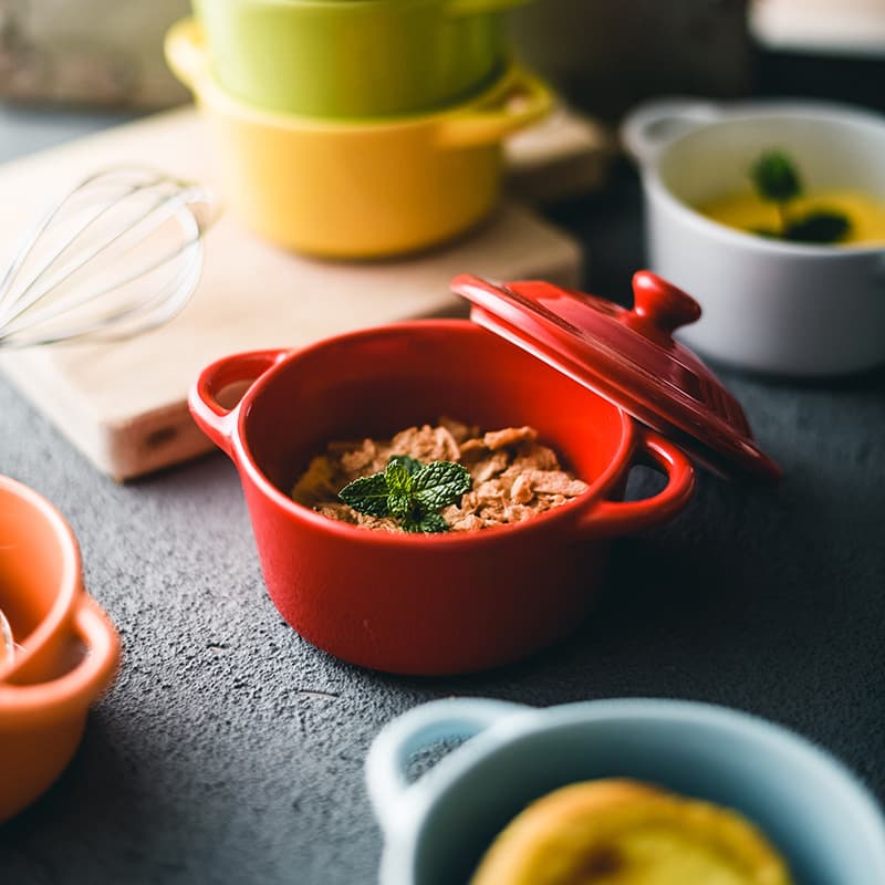 Baking Casserole with Lid, Souffle Double-Ear Bowl, Bird's Nest, Children's Household Tableware, Baking Bowl, Ceramic Dessert, Steamed Egg, Dim Sum