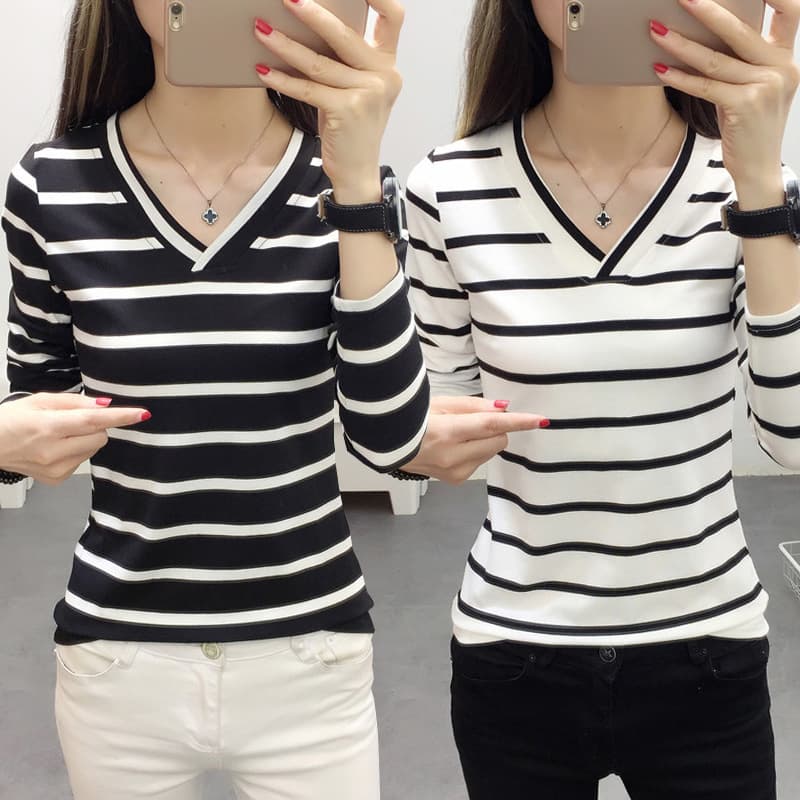 plus Size Women's Long Sleeve Striped V-neck T-shirt Korean Style Student Casual Spring Autumn Fashion Slimming Effect