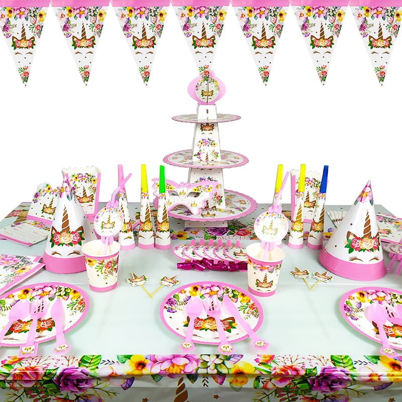 Foreign trade pink eyebrow unicorn birthday party supplies tablecloth paper plate flag banner decoration set