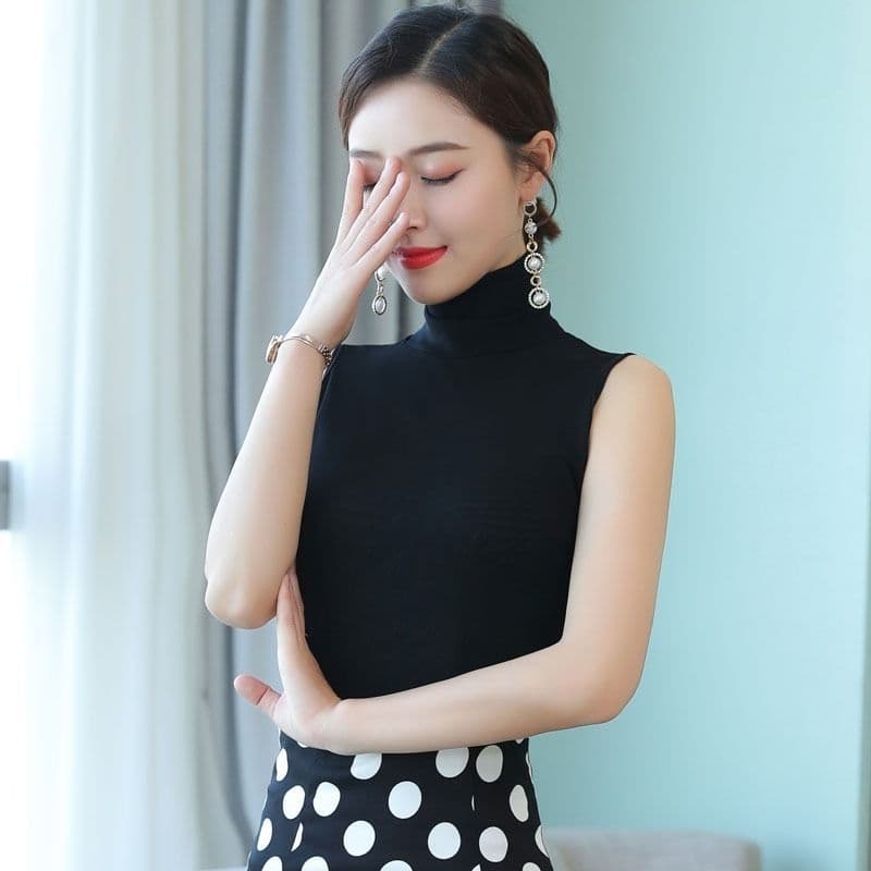 2020 Black High-Neck Sleeveless Camisole for Women, 95% Cotton Base Layer, Tight-Fitting Top, Pure Cotton T-Shirt