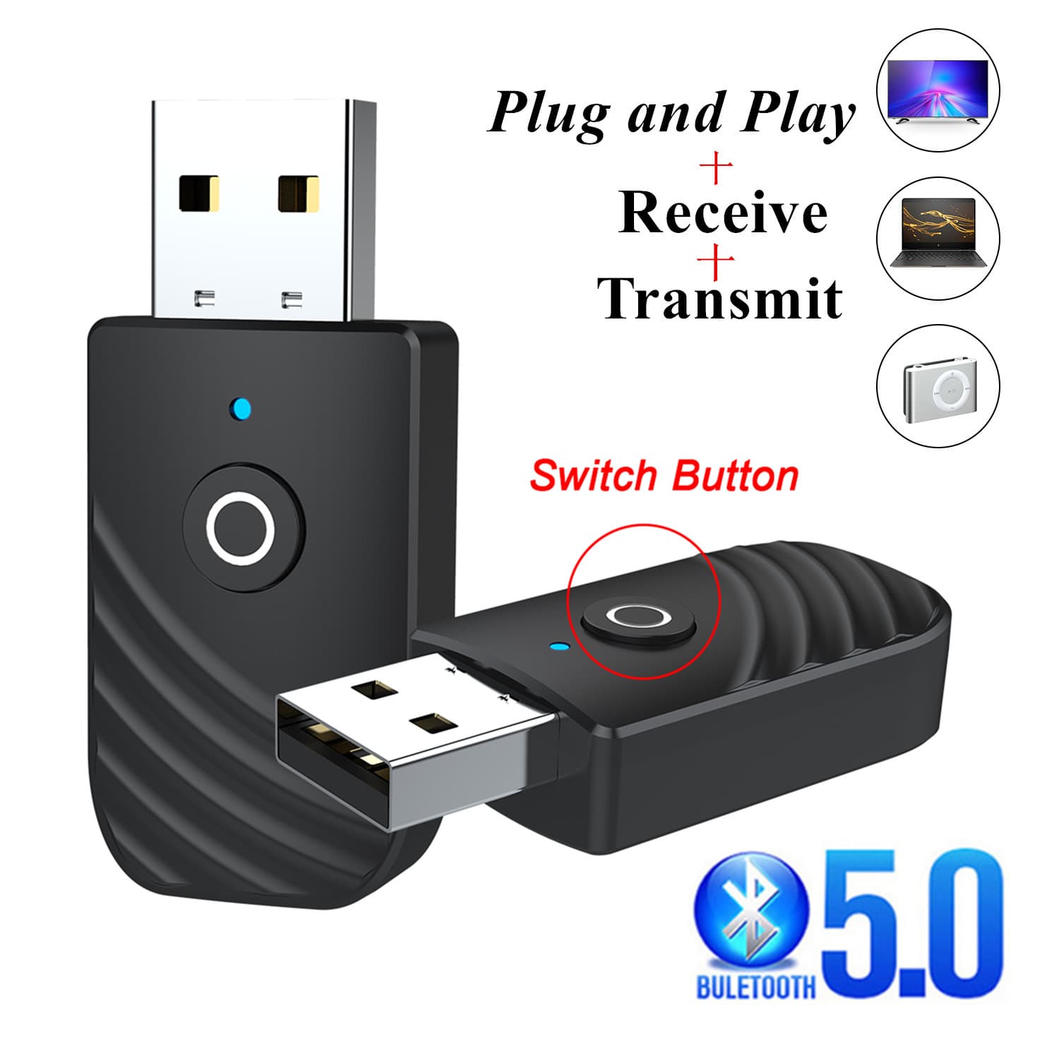 New 5.0 Bluetooth Audio Receiver Transmitter 3-in-1 USB Adapter TV Computer Car SY319