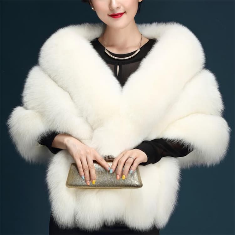 Women's Winter Faux Fox Fur Shawl White Wedding Cape Bride Cloak Thick Cotton Coat