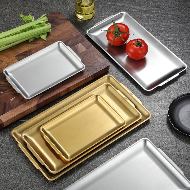 Korean-style 304 Stainless Steel Rectangular Tray, Thickened Gold BBQ Tray, Plate, Sushi Tray, Flat Tray, Storage Tray