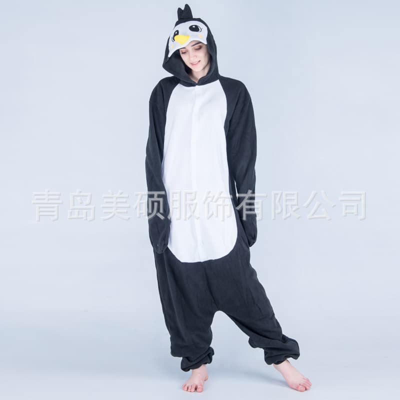 Cartoon animal jumpsuit polar fleece black penguin gray penguin couple home wear stage wear pajamas couple style
