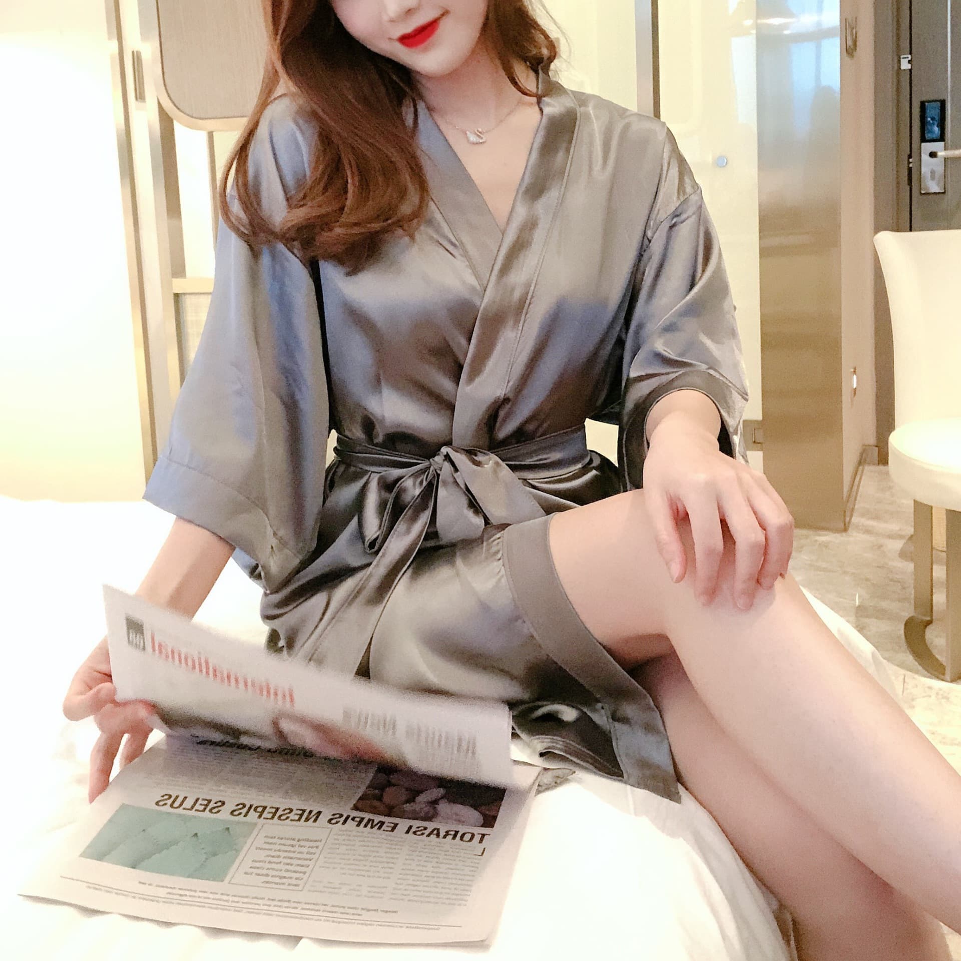 Summer Thin Silk Sexy Bathrobe with Short Sleeves for Women, Loungewear Set