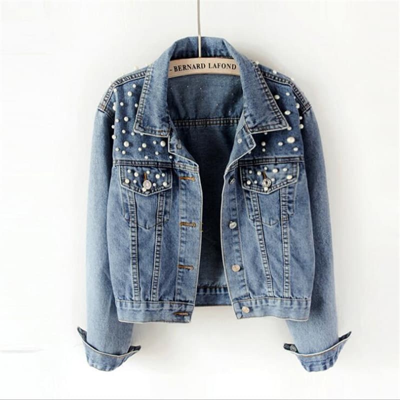 Ladies Short Pearl Embellished Loose Fit Denim Jacket Spring Autumn Cotton Blend Business Casual Style Single Button Closure