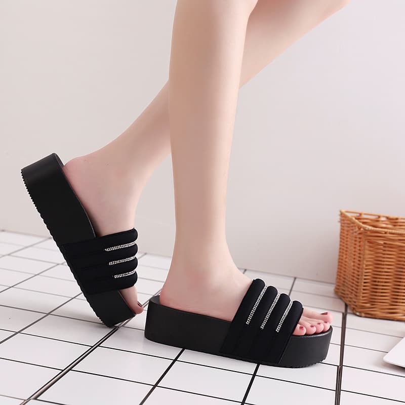 Cross-Border Hot Platform Wedge Summer Slippers Color Block Rhinestone Outdoor Fashion New Casual Beach Shoes