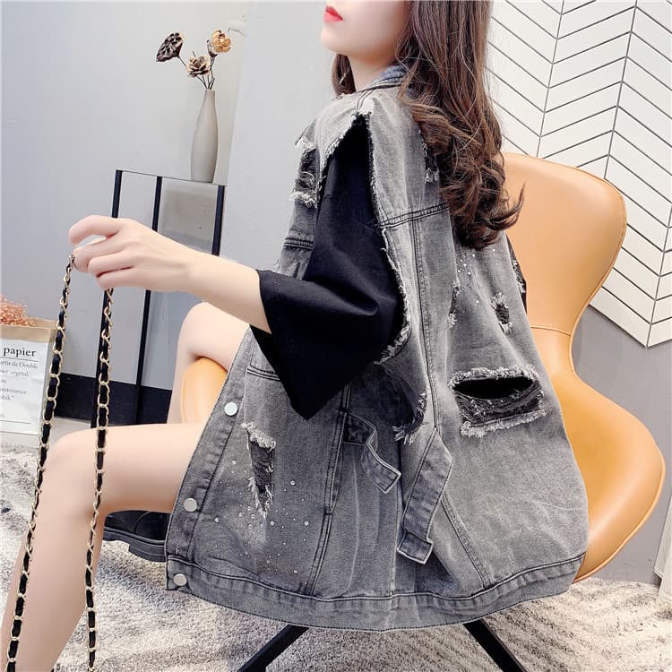 Plus Size Denim Vest for Women, Mid-Length, Autumn Spring Korean Style, Loose Retro Casual Vest, Ripped Hole Sleeveless Waistcoat