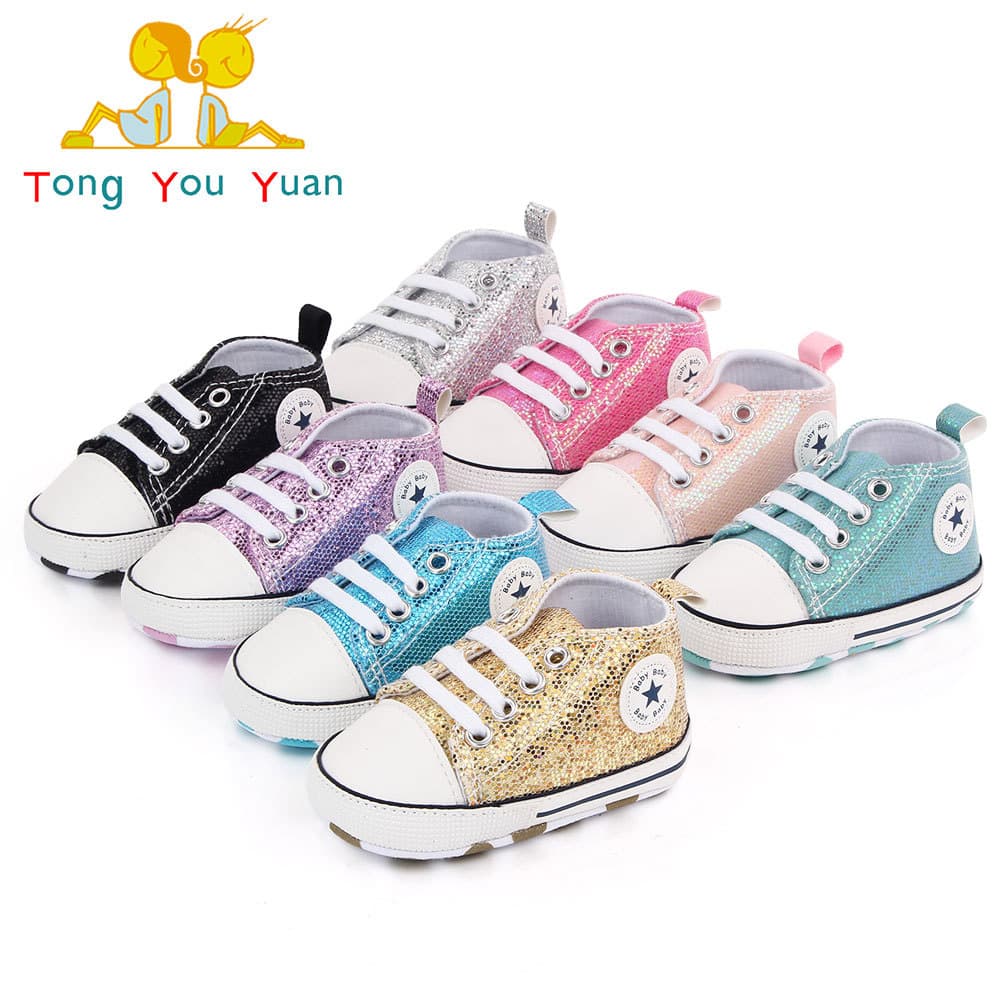 Baby Canvas Shoes with Shiny Sequins Soft Bottom Walking Shoes Spring Autumn Popular Children's Footwear Breathable Anti-slip Durable