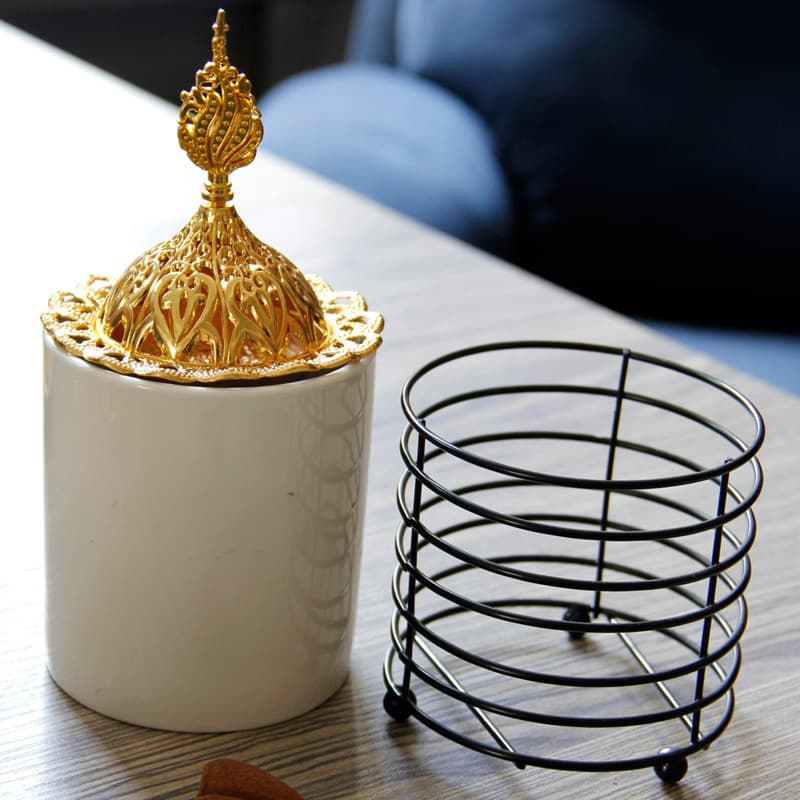 Simple Modern Gold Metal and Ceramic Combination Incense Burner, Middle Eastern Arabic Incense Burner, Desktop Aromatherapy Burner, Ships as One Piece