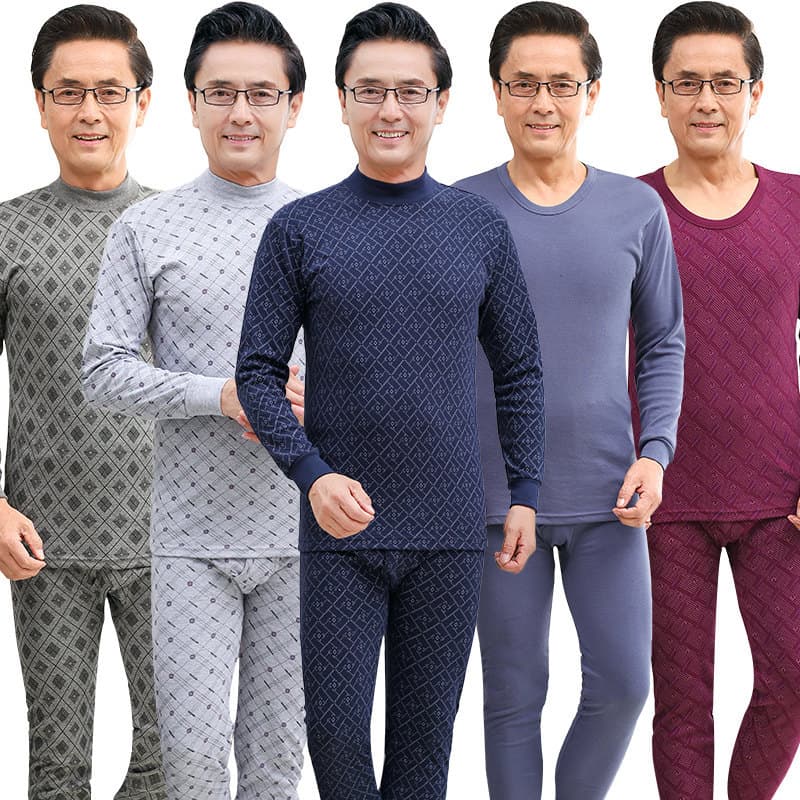 Cotton Thermal Underwear Set for Middle-aged and Elderly, Thin Base Layer, Men's Mid-high Neck Long Johns
