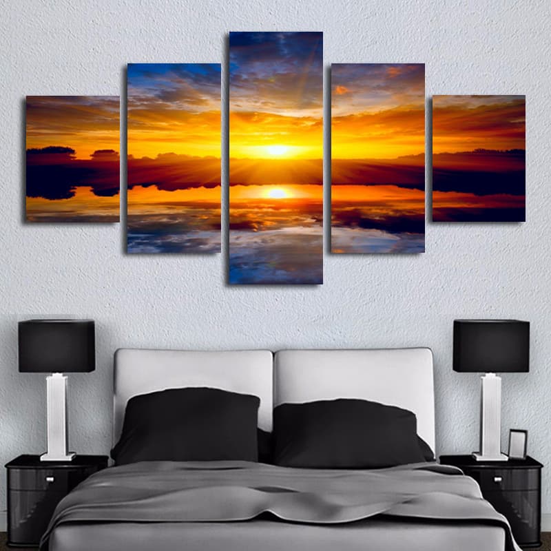 High-definition inkjet print five-panel ocean sunset landscape oil painting wall art home canvas decorative painting cross-border sourcing