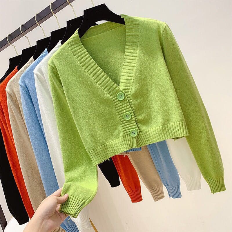 Trendy Avocado Green Knit Cardigan Jacket for Women, Fashionable Short High-Waist Long-Sleeve V-Neck Outerwear Sweater