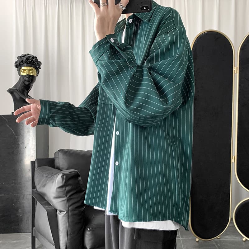 Striped Shirt Men Harajuku Style Casual Long Sleeve Shirt Korean Loose Fit Trendy Ins Versatile Jacket