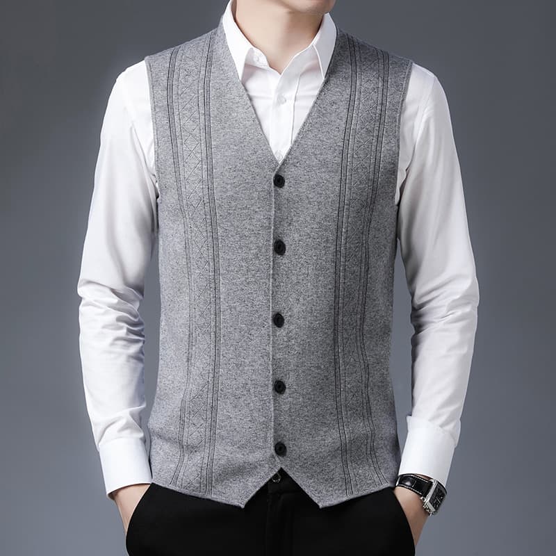 2021 Middle-aged Men's Knitted Cardigan, Business Sweater, Solid Color Jacquard Vest, Autumn Sleeveless Vest Wholesale
