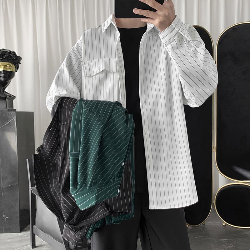Autumn Winter Striped Shirt for Men, Harajuku Street Style Casual Long Sleeve Shirt, Korean Loose Fit Ins Shirt Jacket