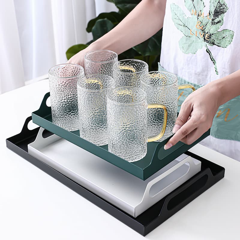 Rectangular color storage tray with handle wrought iron tray light luxury jewelry tray dark green household water cup tray ins