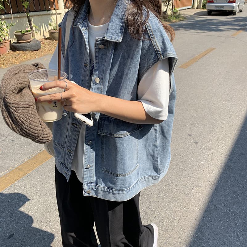 Fall 2020 Women's Denim Jacket Thin Sleeveless Loose Fit Outerwear Korean Style Comfortable Casual Cotton Blend Vest Top