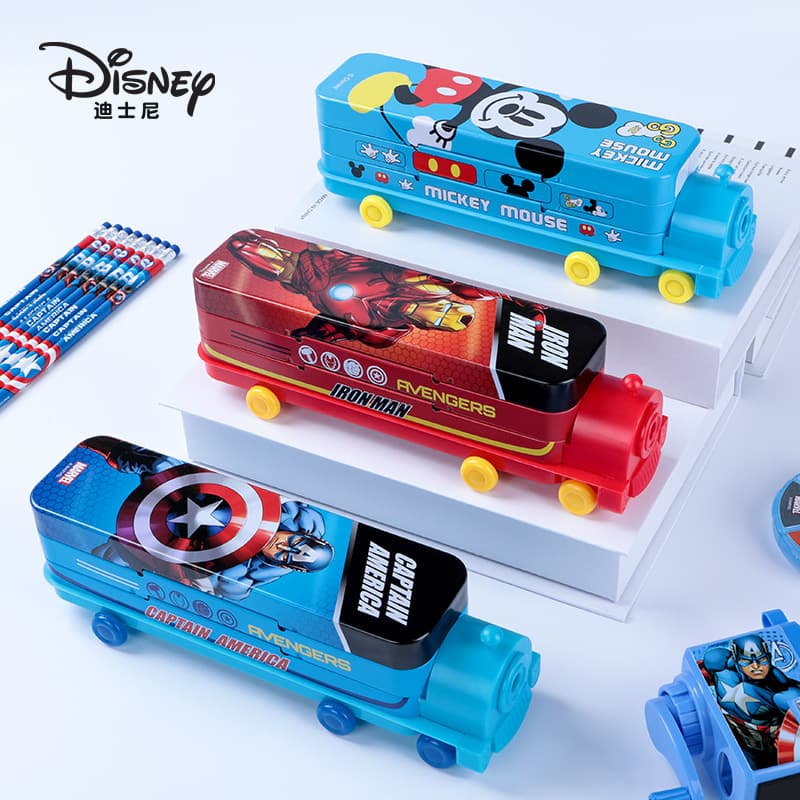 Disney Kids Learning Stationery Box Cartoon Double-Deck Train Multifunctional Creative Primary School Student Metal Pencil Case