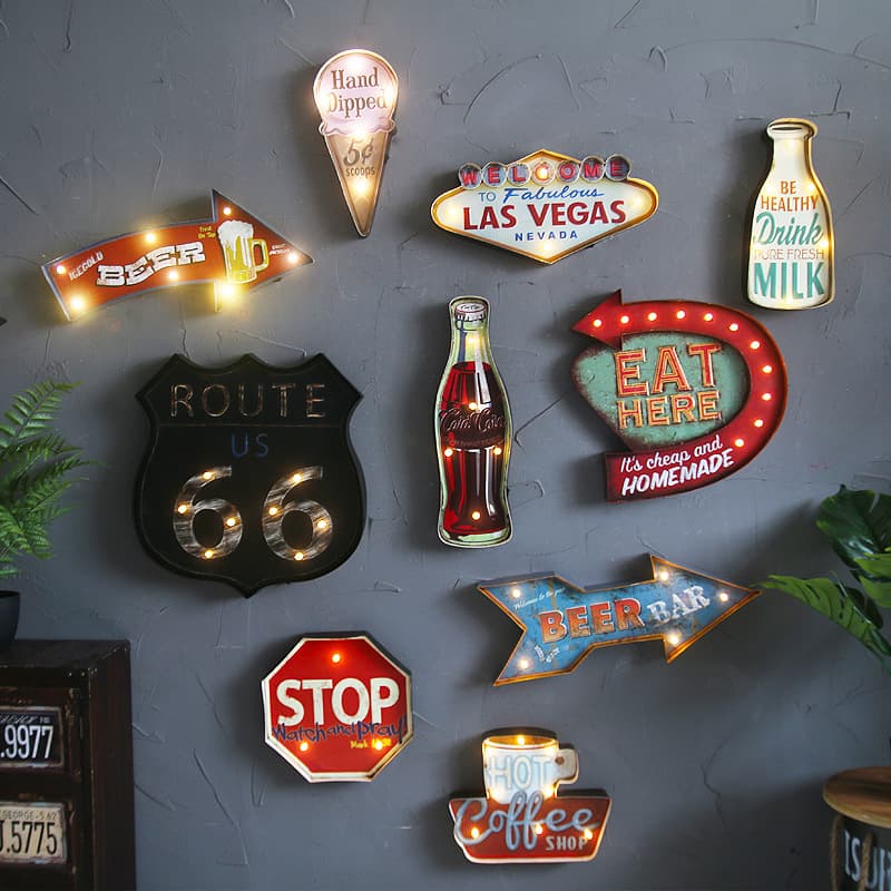 Modern American Ice Cream LED Light Wall Decorations Bar Cafe Wall Mounted Iron Art Lighting Vintage Style Home Decor