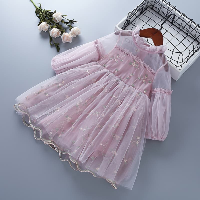 Spring/Autumn New Children's Dress with Lace Mesh Embroidery Puff Sleeves Long Sleeve Girl's Dress, Korean Version Drop Shipping