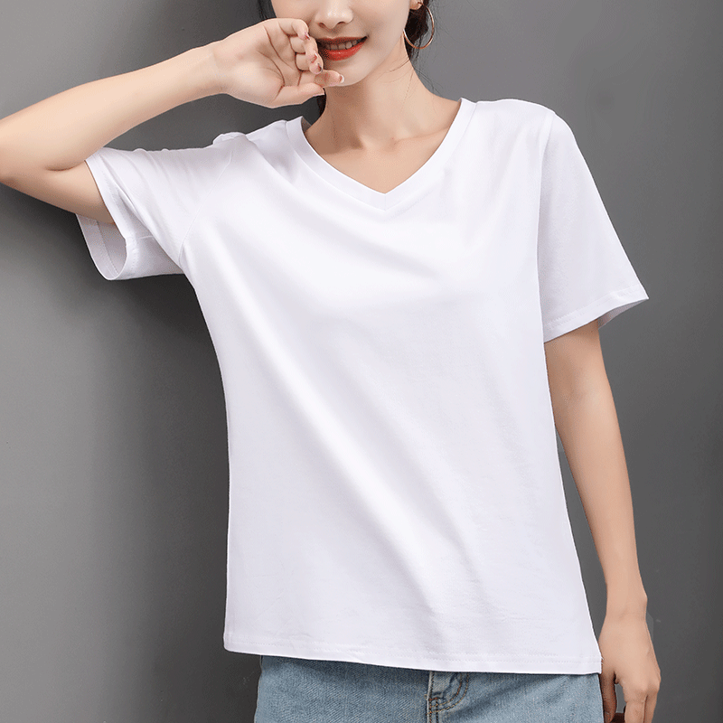 Summer White T-Shirt for Women Short Sleeve Loose Fit 95% Solid Color Korean Style Half Sleeve Women's Clothing New V-Neck Plus Size Tee Black