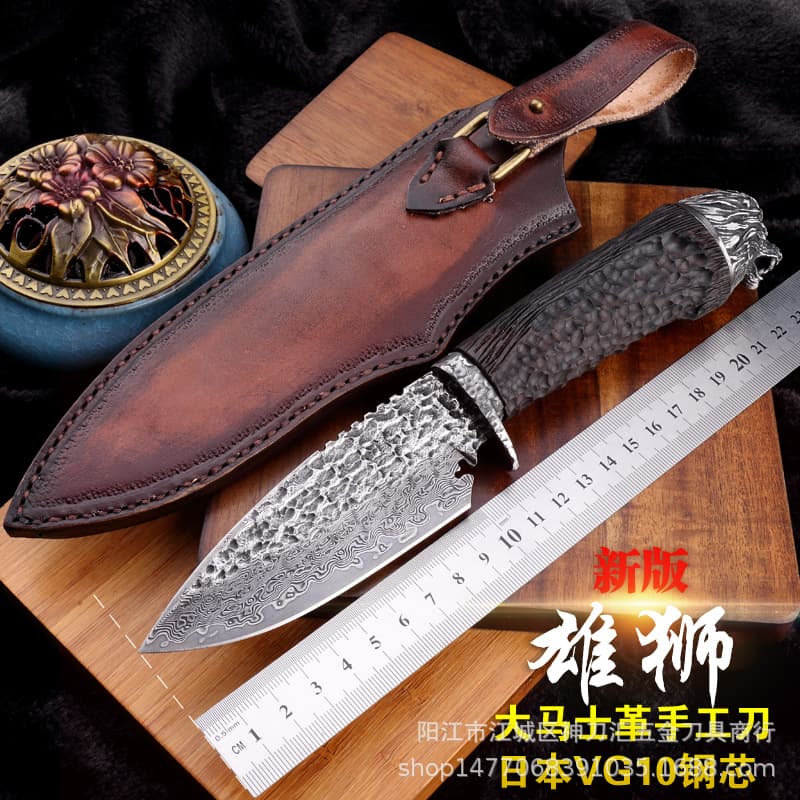 Factory Direct Lion Damascus Knife High Hardness Collection Knife Self-Defense Portable Knife Survival Military Knife Sharp Straight Knife
