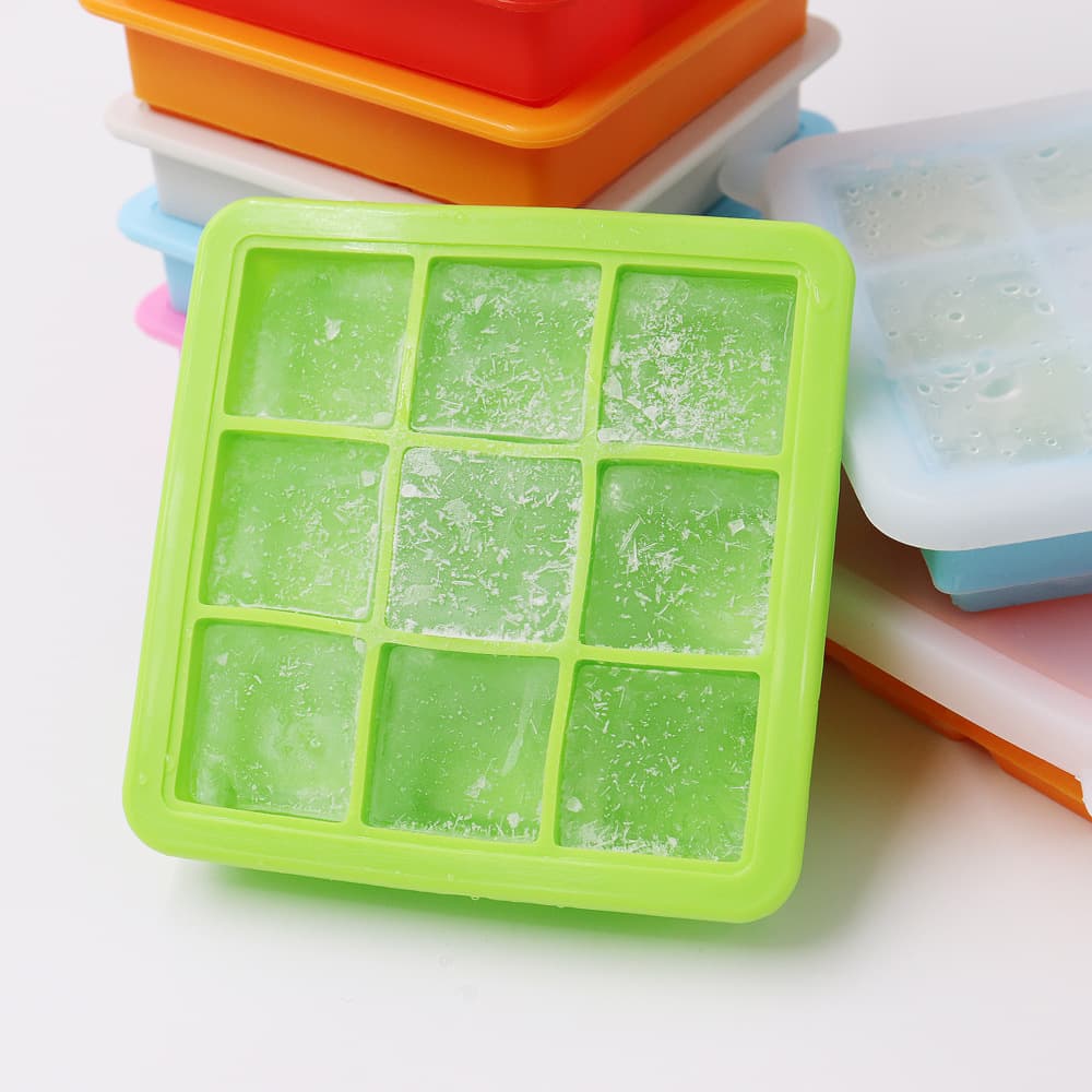 9-Grid Silicone Ice Tray with Lid DIY Ice Cube Mold Baby Supplementary Food Box Ice Cube Maker Fast Freezing Easy Unmold