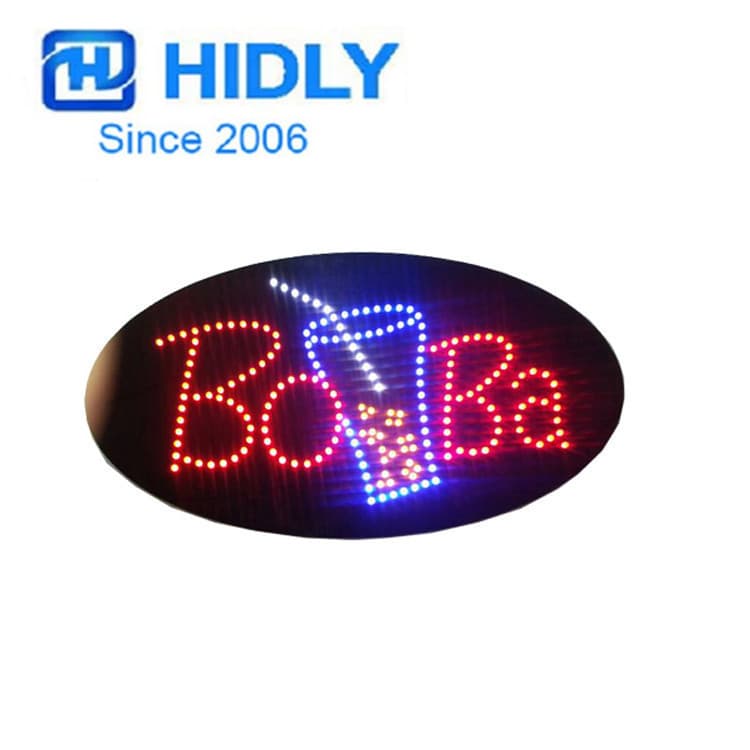 LED BOBA sign making, LED illuminated sign for dessert and beverage shops, oval-shaped "Open for Business" illuminated sign.