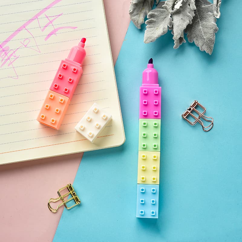 Creative Building Block Fluorescent Pen Set DIY Slope Head Marker Pen Highlight Candy Colored Pen for Business Gifts