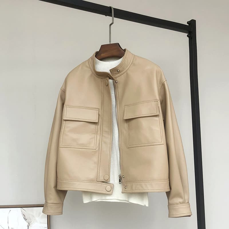 2026 Spring and Autumn New Haining Sheepskin Genuine Leather Jacket Women's Short Trendy Stand Collar Jacket Coat Women's Pocket