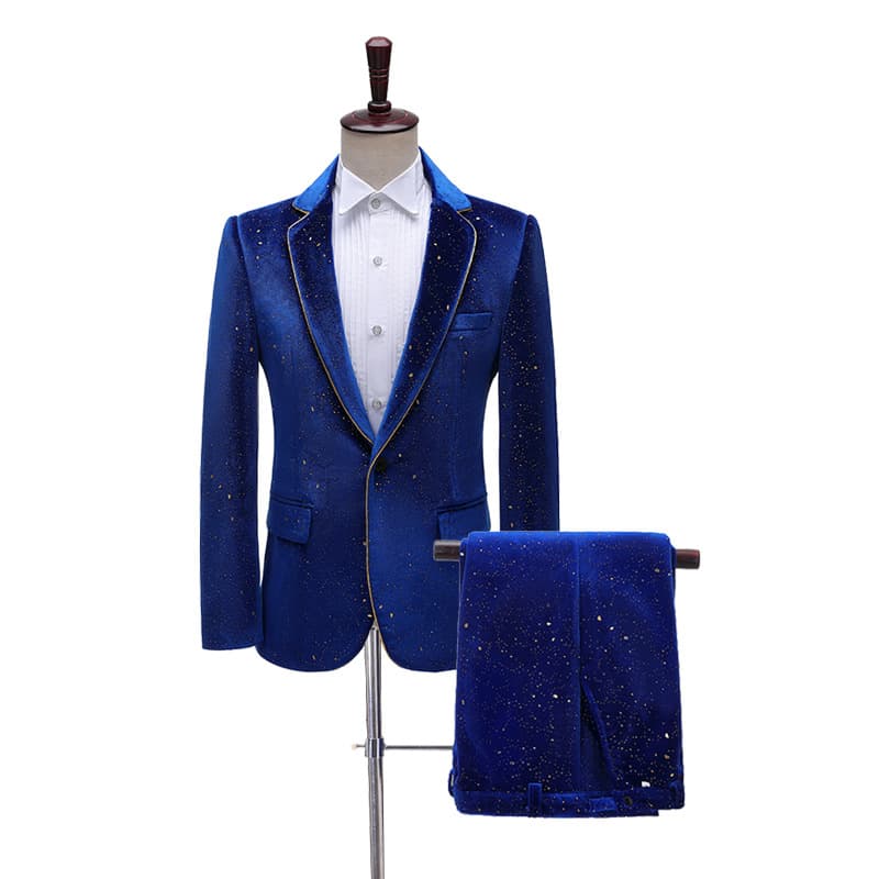 Men's Stage Performance Velvet Gold-Trimmed Suit Set for Photographers, Singers, and Emcees