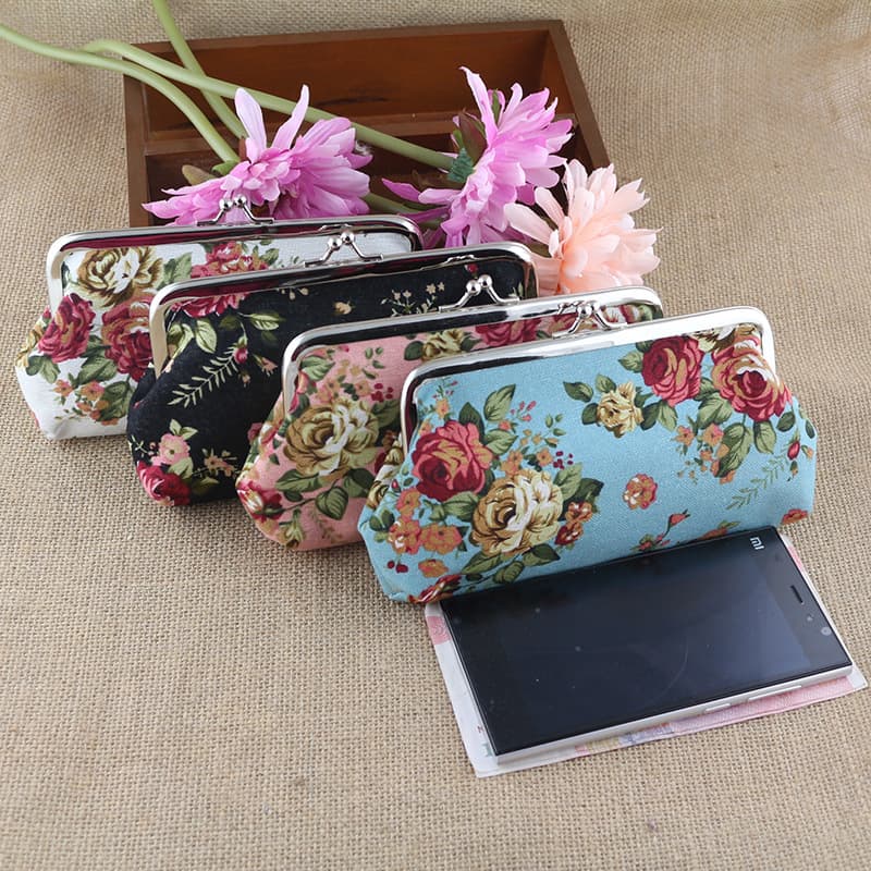 Ladies Long Canvas Wallet Floral Print Handheld Coin Purse Student Pencil Bag Fabric Clutch Bag Fashionable Accessory