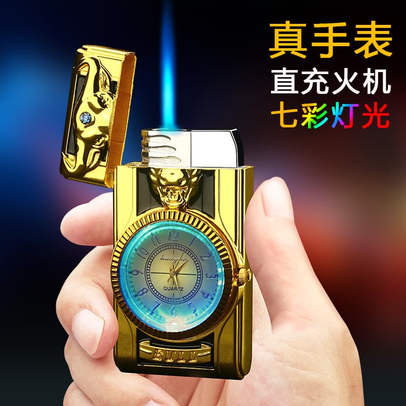Factory Direct Cross-Border Metal Inflatable Lighter with Rainbow Light Multifunctional Watch Lighter Men's Gift