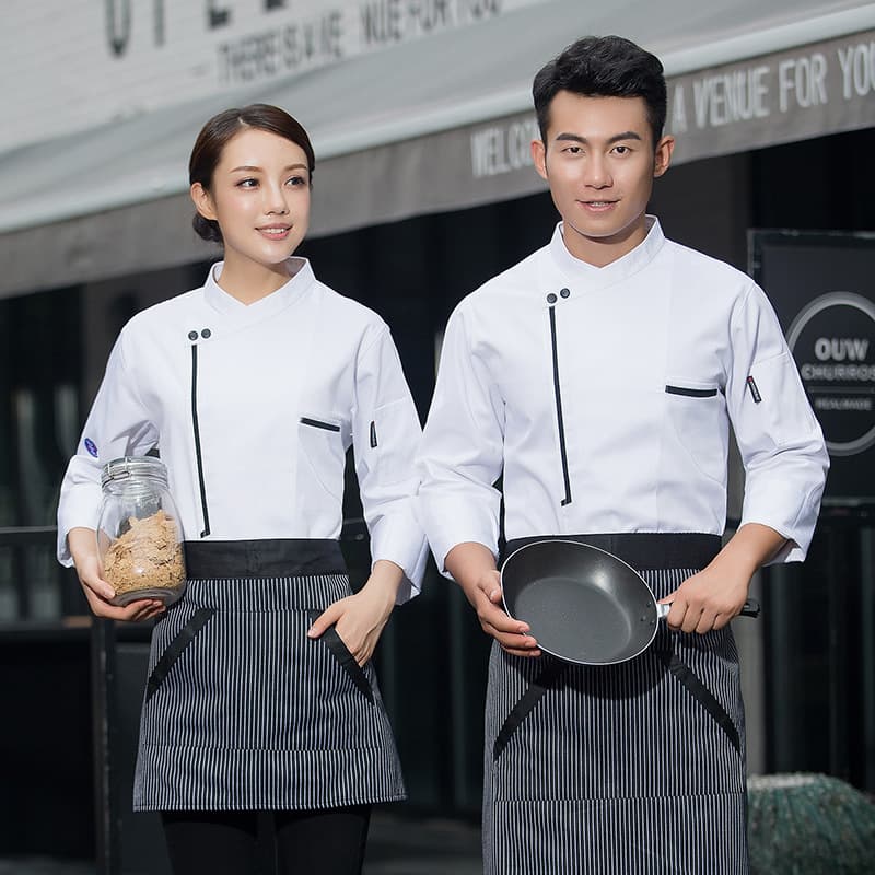 Chef's Long Sleeve Uniform for Autumn and Winter, Hotel Catering Kitchen Canteen Restaurant Workwear, Large Size, Pure White, Men's Dark Buckle