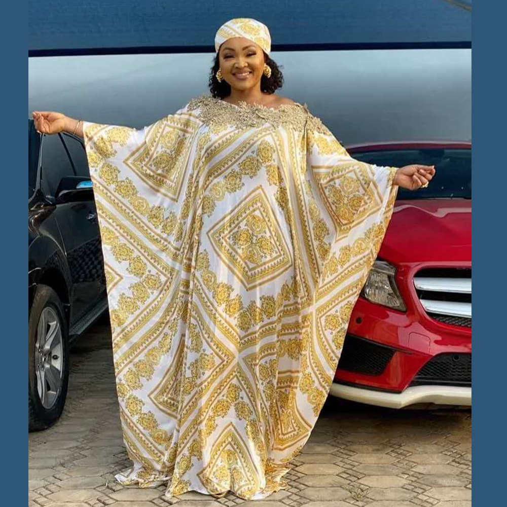African ethnic style plus-size dress flare with rhinestone lace silk digital print optional headscarf