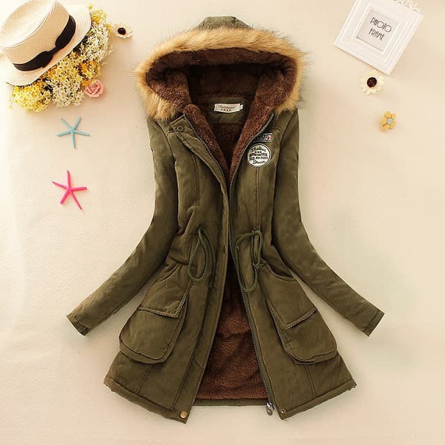 2025 Winter New Women's Military Badge Peach Skin Velvet Hooded Fur Collar Cinched Waist Lined Thickened Warm Mid-Length Cotton Coat