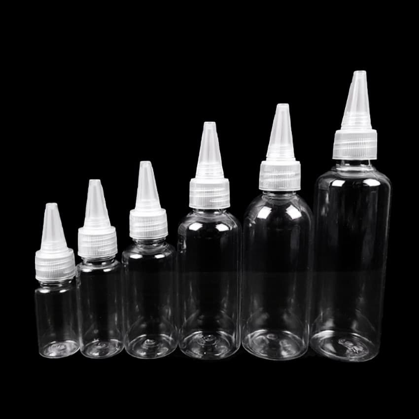 In-stock squeeze bottles 50, 100ml transparent PET pointed-tip bottles, pigment refill containers, plastic tinting jars