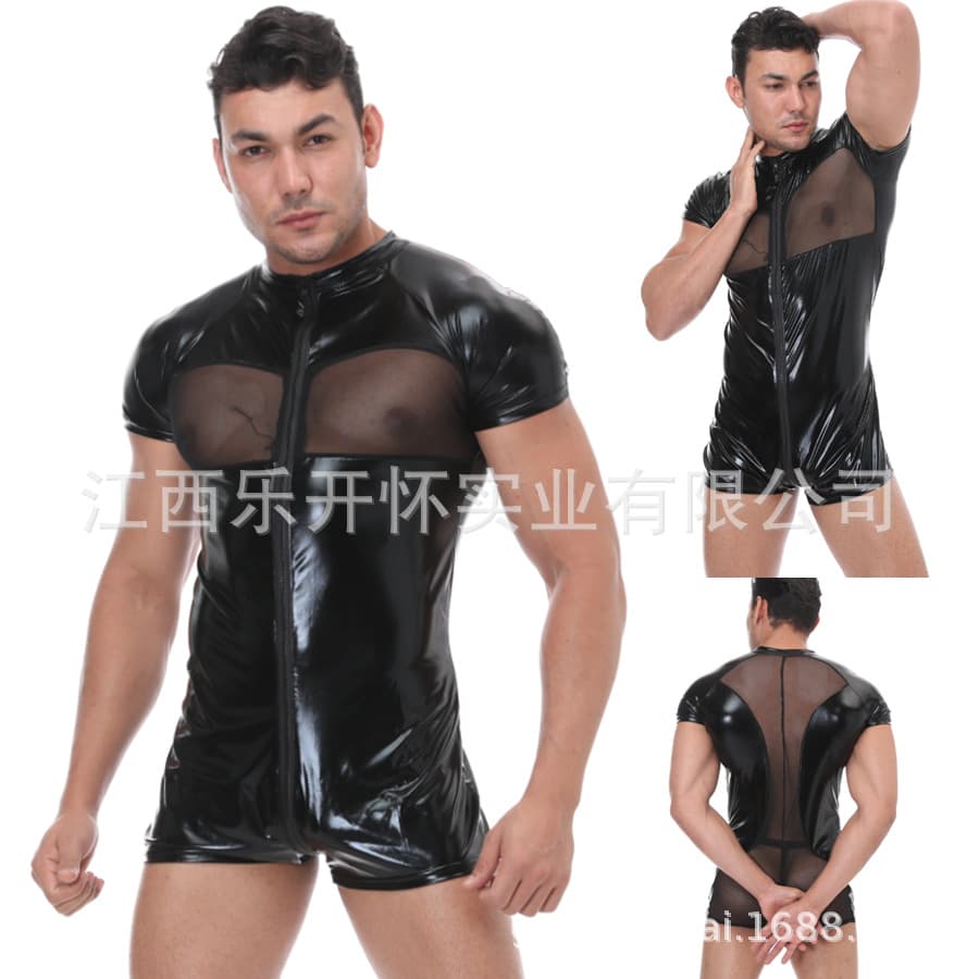 European and American sexy imitation leather men's erotic underwear nightclub stage ds performance clothing performance clothing mesh splicing jumpsuit