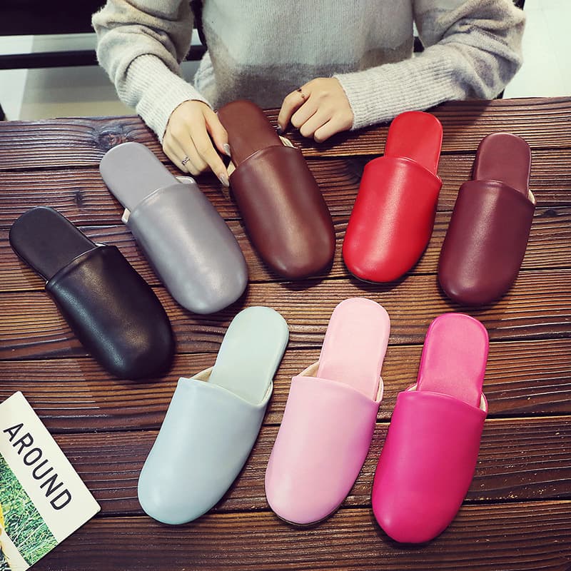 New Japanese-style Home Wood Floor Leather Slippers, Enclosed Toe for Men/Women Indoor Quiet Anti-Slip Spring/Autumn Slippers