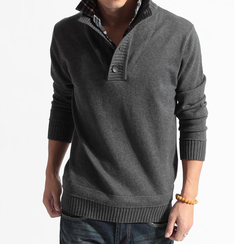 Men's Mock Two-Layer Stand Collar Knitted Sweater Shirt Collar Pullover Plus Size Solid Color Sweater for AliExpress