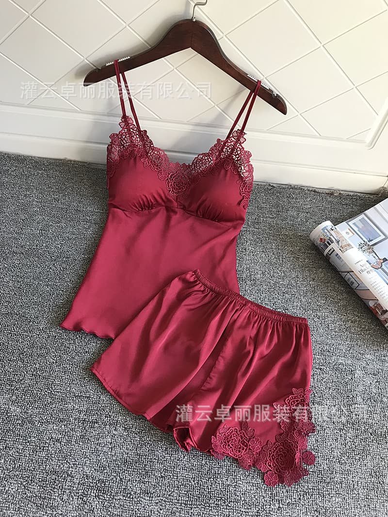 Two-Piece Set Silk Lace Backless Sleepwear Plunge Camisole with Padded Bra Ice Silk Nightgown for Women Cute Girly Style