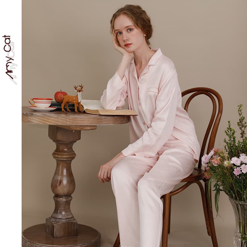 Mi Xi Mao plain rayon Korean style casual satin solid color pocket long sleeve women's pajama suit T