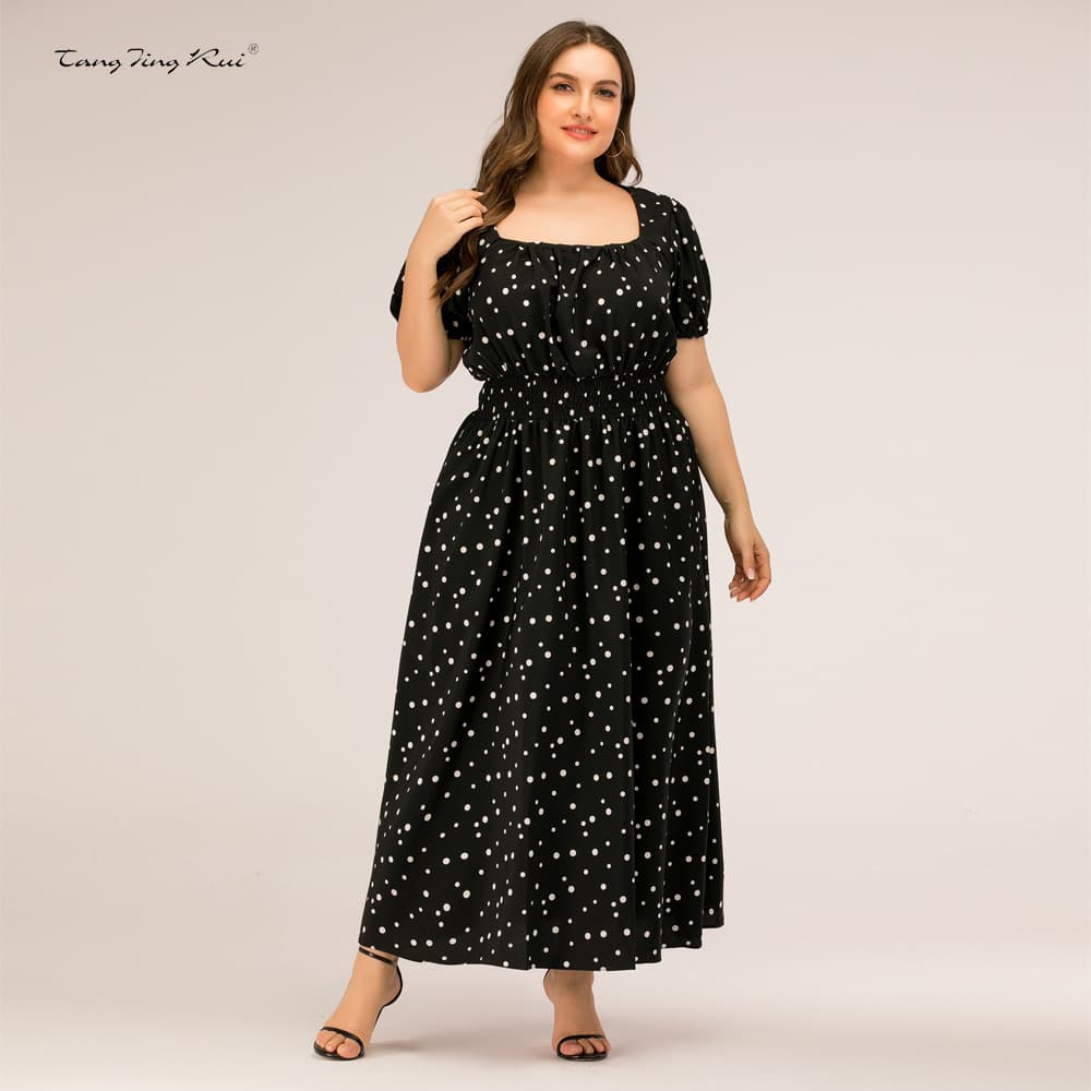 Plus-Size European and American Style Women's Dress, Cross-Border Trade Fashion, Polka Dot Short-Sleeve Waist-Cinching Long Dress Jr056