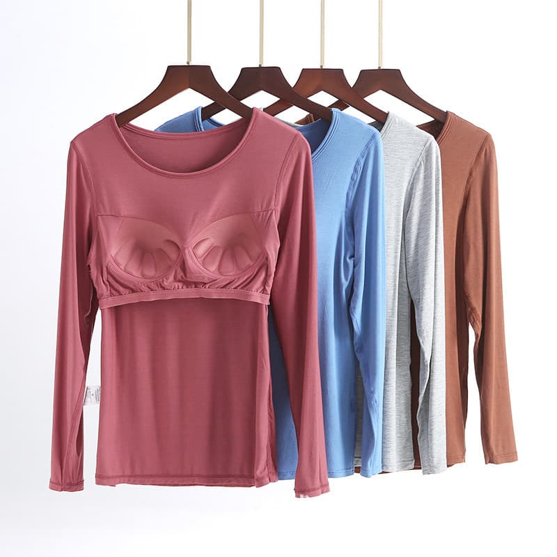 New Modal Long-Sleeved Pajama Bra with Padded Chest - One-Piece Dropshipping Available - Suitable for Autumn, Yoga, and Home Wear