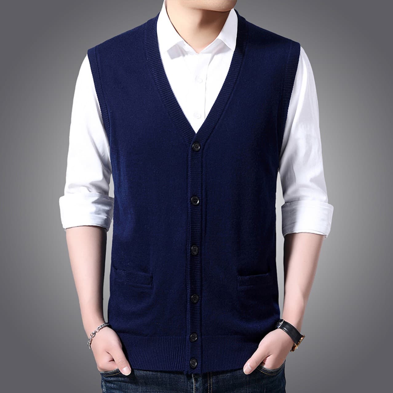 Middle-Aged Men's Cardigan Sleeveless Button-Up Dad's Style Knit Sweater Single-Breasted Wool Vest