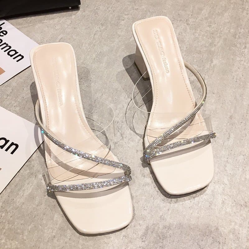 New Summer Women's Chunky Heel Slippers Korean Style Simple Fashion Transparent Sandals Outdoor Square Toe Mules