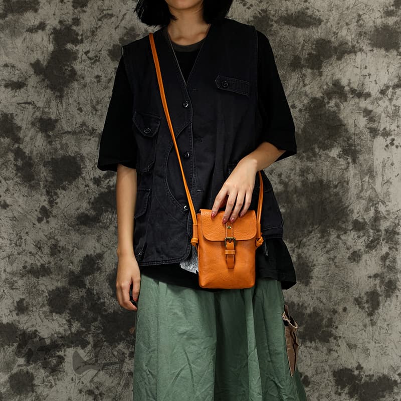 Genuine leather women's bag vertical mini vegetable tanned leather small bag tree paste leather retro literary style shoulder bag 17055